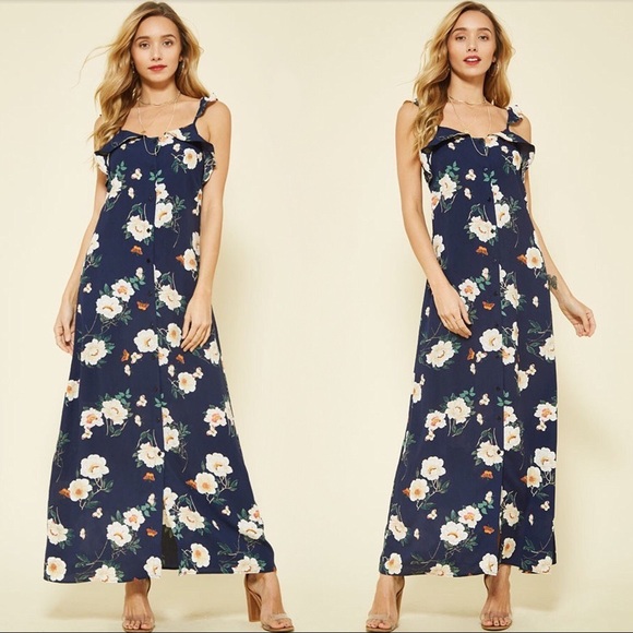 Blue Floral Ruffle Maxi Dress Butterfly Print - Picture 6 of 9